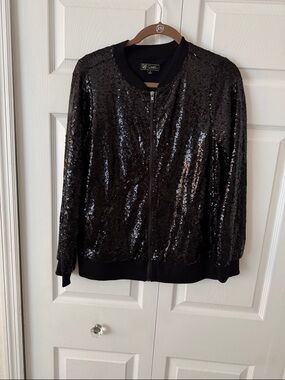 DG2 by Diane Gilman Black Sequin Bomber Jacket